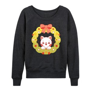 Women's - Instant Message - Chibi Cat Christmas Wreath Lightweight French Terry Wide Neck Long Sleeve Shirt - 1 of 4