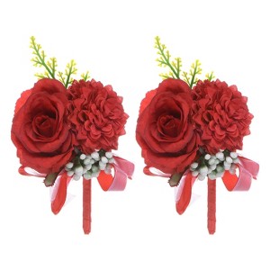 Unique Bargains Artificial Rose Flower Men Wedding Boutonnieres 2 Pcs - 1 of 4
