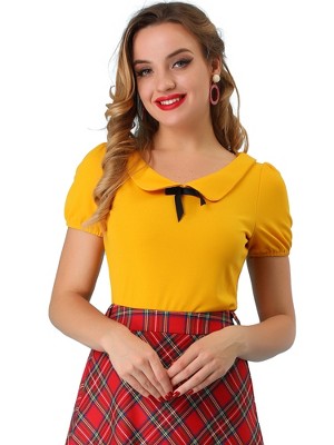 INSPIRE CHIC Women's Bow Neck Solid Short Sleeve Peter Pan Collar Blouse