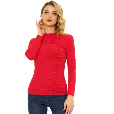 INSPIRE CHIC Women's Long Sleeve High Neck Ruched Front Fitted Blouse