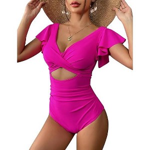 AI'MAGE Women's Ruffle One Piece Swimsuit V Neck Tummy Control Bathing Suits Cutout Backless Swimwear - 1 of 3