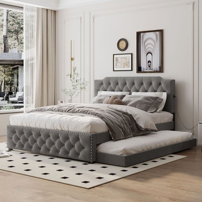 NicBex Queen Upholstered Bed Frame with Linen Tufted Headboard,Platform Bed Frame with 2 Drawers and USB Ports,Easy Assembly,Beige/Gray