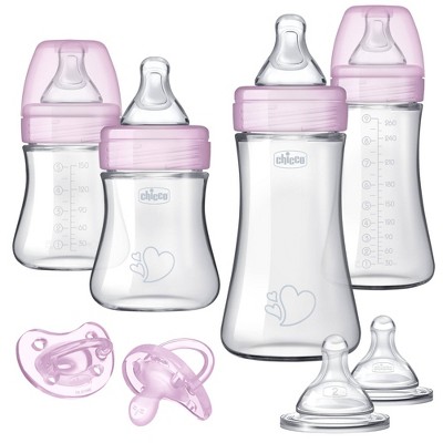 Chicco Duo Newborn Hybrid Baby Bottle Gift Set with Invinci-Glass Inside/Plastic Outside- Pink - 8pc