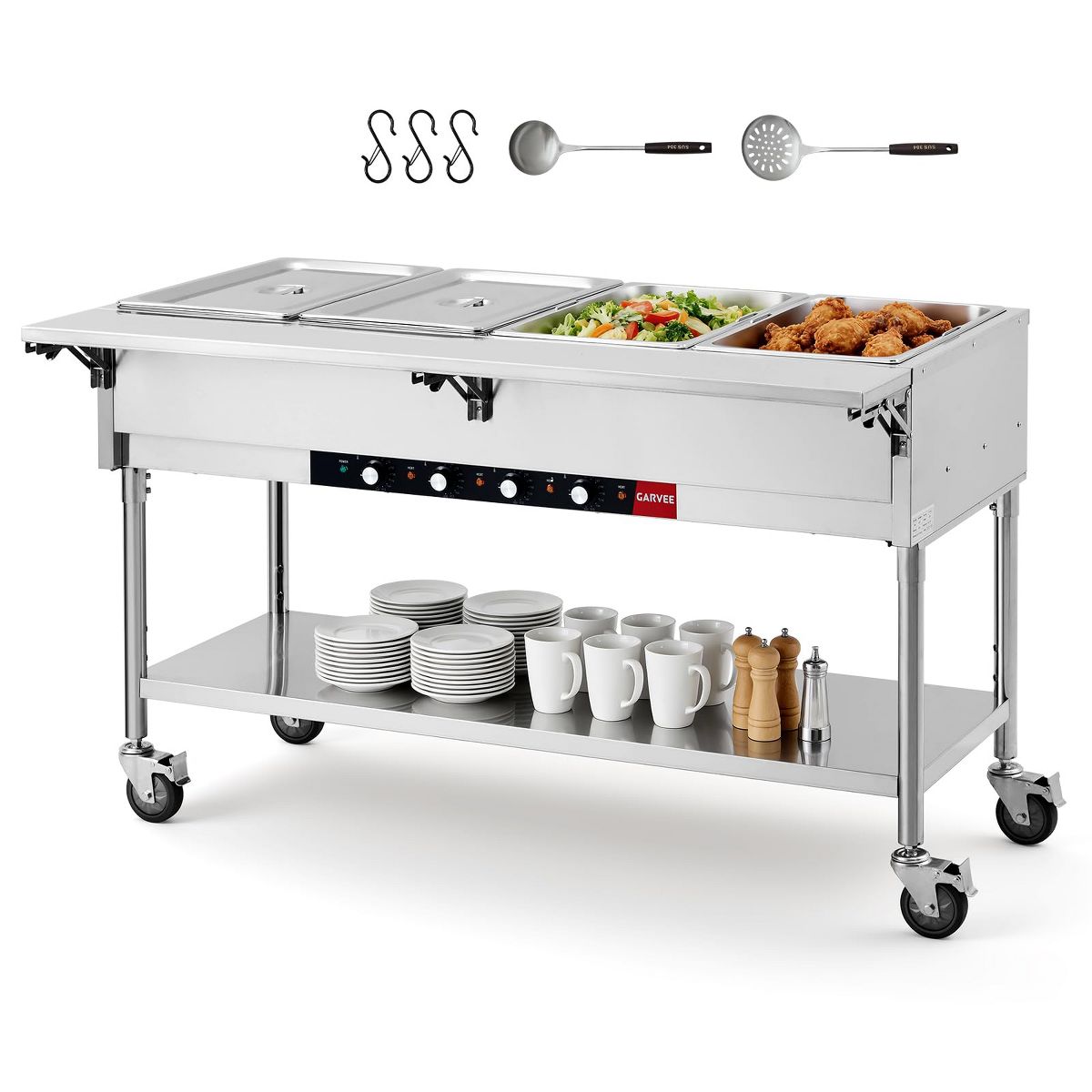 2000W Commercial Food Warmer Steam Table, 4×20.6QT Stainless Steel Buffet Server with Lids, Electric Catering Warmer with Prep Countertop