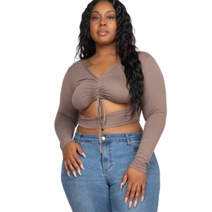 Slickblue Women's Plus Size Crop Top, Drawstring Ruched Cutout, Long Sleeve, Stretch Fit, Color and Size Option - 1 of 4