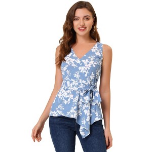 Allegra K Women's Sleeveless V Neck Tie Waist Asymmetric Hem Wrap Peplump Tops - 1 of 4