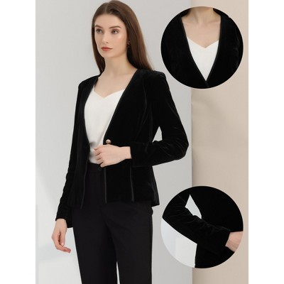 Allegra K Women's Long Sleeve Office Collarless 1 Button Velvet Blazer Black Small — фото 2