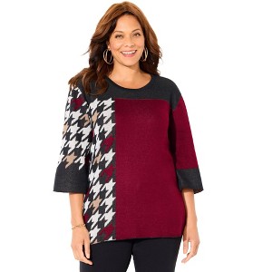 Catherines Women's Plus Size Jacquard Colorblock Pullover - 1 of 4