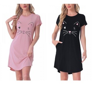 INSPIRE CHIC Women's 2 Pcs Cats Printing Pajamas Cute Printed Sleep Dress Short Sleeve Nightgowns - 1 of 4
