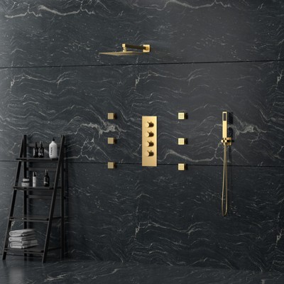 Brushed Gold Thermostatic Wall Mounted Rainfall Shower System with Body Jets