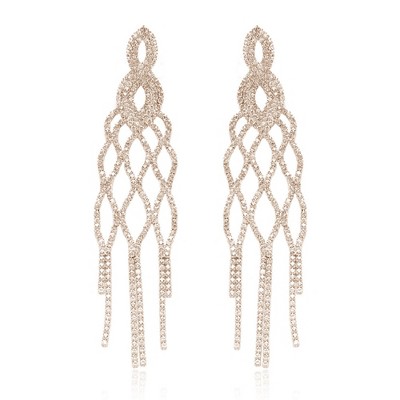 Gold Plated Exaggerated Extra-long Tassel Rhinestone Earrings for Women 1 Pair Shiny Bling Style