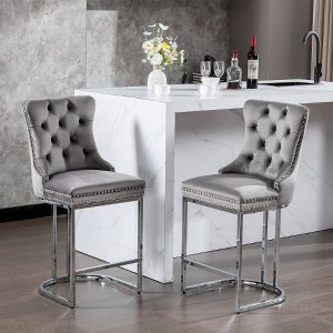 Kumasinova Mid-Century Velvet Counter Height Bar Stools Set of 2, Chrome Metal Base Counter Stools with High Back, Farmhouse Counter Height Stools - 1 of 4