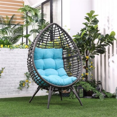 VisioGear Patio Egg Chairs with Stand, Wicker Egg Chair, Egg Shaped Wicker Chair, Hammock Chair for Living Room Balcony, Gray&Blue, 39.75"*61.5"*35"