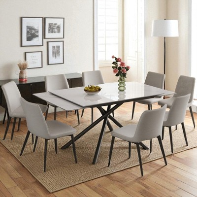 Mshliw Retractable Sintered Stone 9-Piece Dining Table Set with 8 Chairs, Modern Rectangular Extendable Table with Cross-Leg Carbon Steel Base