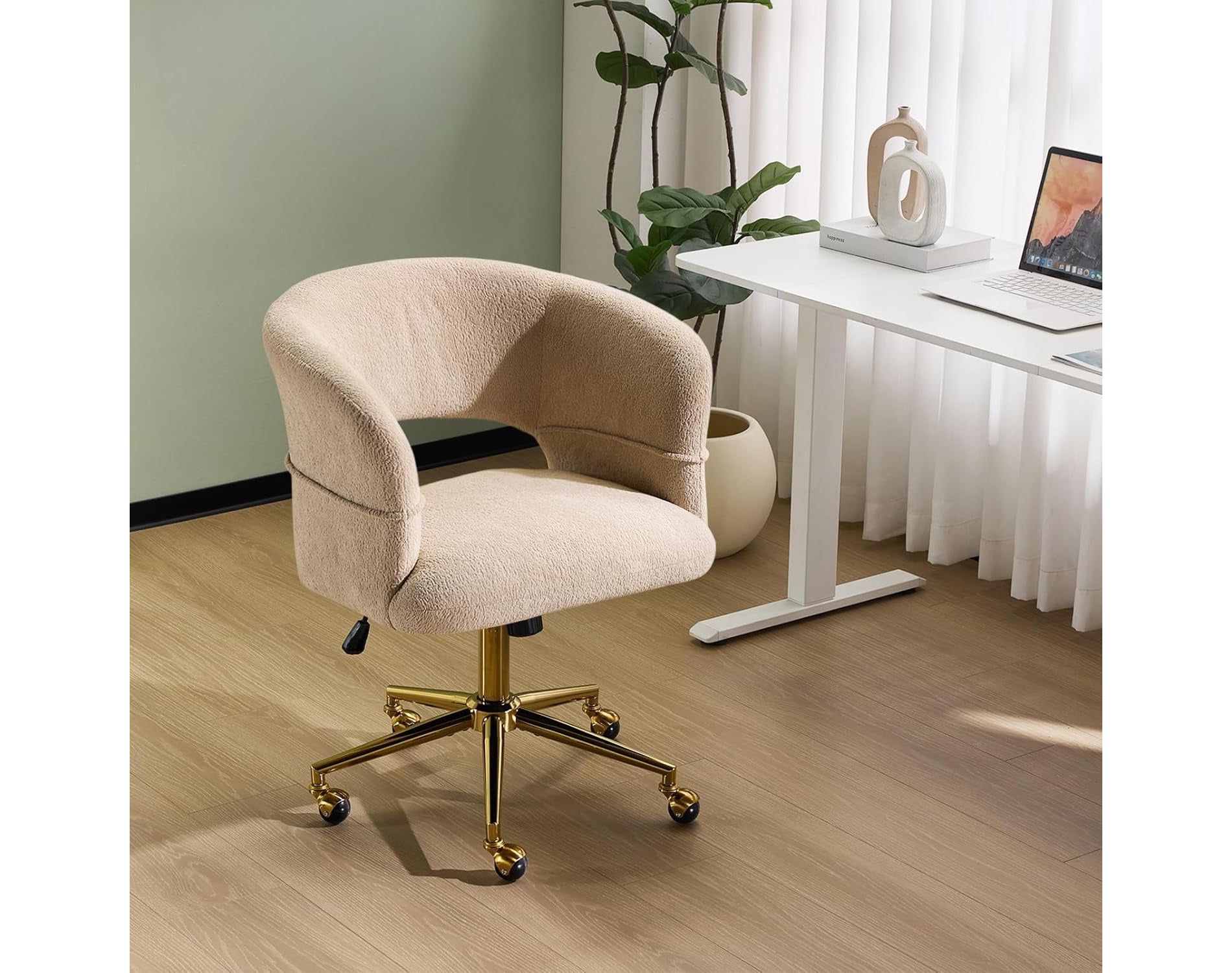 VINGLI Modern Curved Office & Vanity Desk Chair, Cute Upholstered Nail Chair with Wheels & 360¡ã Swivel & Club & Tilting, Velvet Chenille