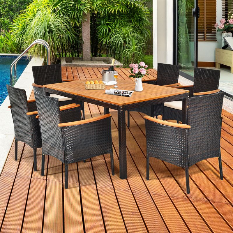 Tangkula 7-Piece Outdoor Dining Set Patio Rattan Table and Chairs Set with Umbrella Hole, 3 of 11