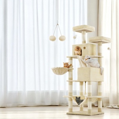 81.1 Inch Large Cat Tree Tower  with 13 Scratching Posts, 2 Perches, 2 Caves, Basket, Hammock, Pompoms - Multi-Level Plush Cat Condo for Indoor Cats