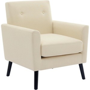 Modern Accent Chair with Linen Fabric, Upholstered Single Sofa Chair with Wood Legs & Thick Cushion, White Comfy Reading Armchair - 1 of 4