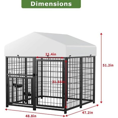 Large Black Metal Outdoor Dog Kennel with Roof and Bowls
