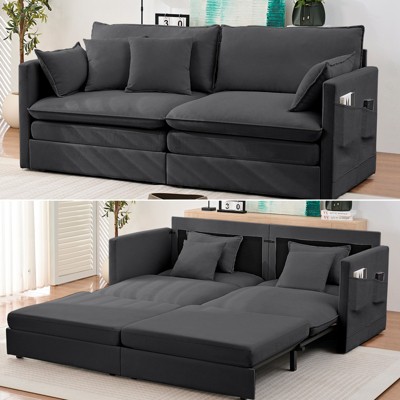 Mjkone 77.95'' lce Velvet 3-in-1 Convertible Loveseat Sleeper Sofa Bed with Side Pockets,Pull Out into Chaise Lounge/Sleeper Bed
