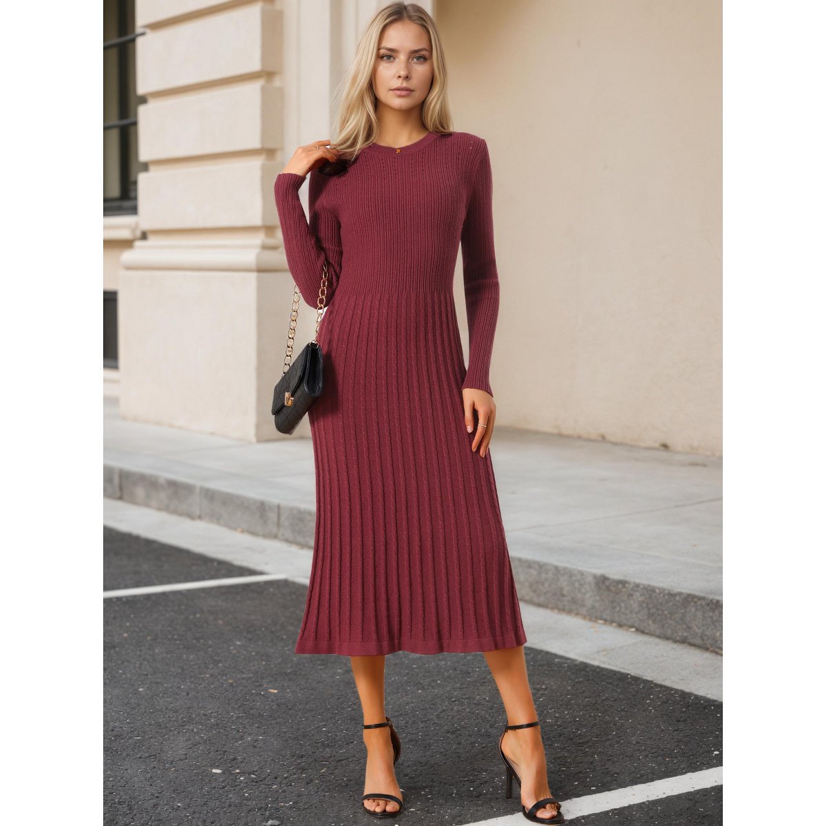Женские платья INSPIRE CHIC Women's Crewneck Knit Long Sleeve Midi Ribbed A-Line Sweater Dress Pink Medium — фото 2