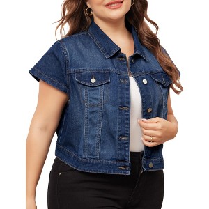 Agnes Orinda Women's Plus Size Denim Y2K Button Down Short Sleeve Streetwear Cropped Jean Jacket - 1 of 4