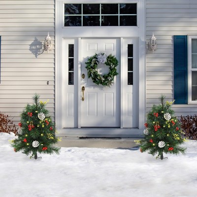 Whisen 22.5in Christmas Tree 2-Pack Outdoor Pre-Lit Artificial Pine Cordless with 24 Lights and Stakes - Grren