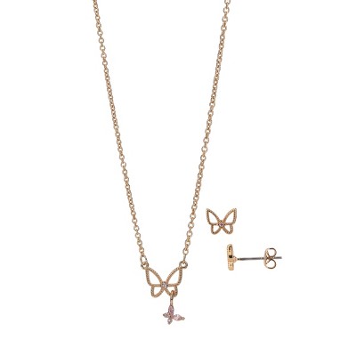 FAO Schwarz Gold Tone Butterfly Pendant Necklace and Earring Set