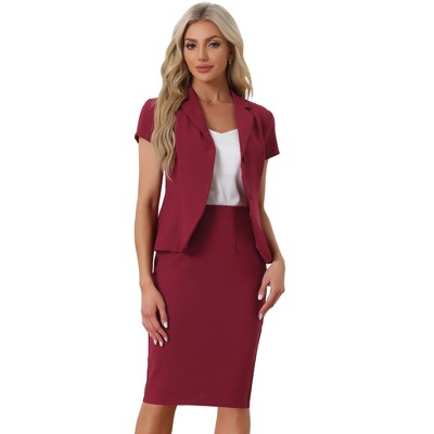 Allegra K Women's Short Sleeve Blazer Jacket Pencil Skirt Business Suit ...