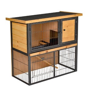 PawHut Wooden Rabbit Hutch Metal Frame Small Animal Habitat with No Leak Tray, Asphalt Openable Roof,Ramp and Lockable Door for Outdoor Light Yellow - 1 of 4