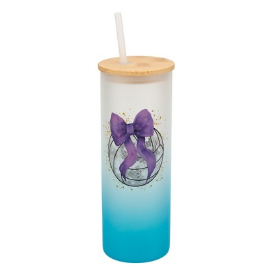 Elanze Designs 25 Ounce Frosted Glass Gradient Travel Tumbler With Straw and Wooden Lid, Volleyball With Purple Bow Sky Blue