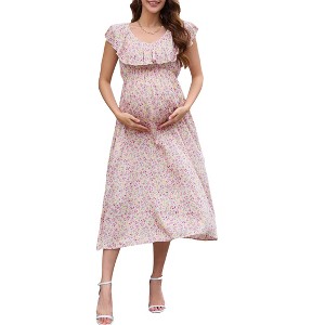 Women Maternity Casual V Neck Ruffle Cap Sleeveless Summer Boho Sundress Flowy Maxi Dress Baby Shower - 1 of 4
