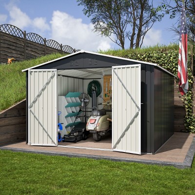 Backyard Storage Shed, 10x10 FT Storage Shed, Storage Storage with Lockable Doors and Updated Frame Structure, Large Metal Shed-Coolbibila