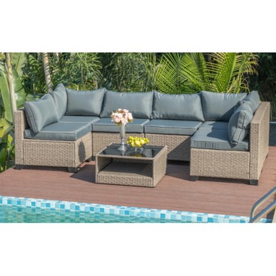 7-Piece Modular Wicker Patio Sofa Set with Coffee Table and Cushions, Outdoor Conversation Furniture for Backyard or Garden – The Pop Home