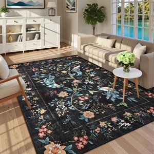 Washable Vintage Floral Printed Rug Non Slip Low Pile Rug Soft Farmhouse Throw Floor Cover Foldable Indoor Carpet for Living Room Bedroom Playroom - 1 of 4