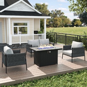 LayinSun 4 Piece Outdoor Furniture Set with Fire Pit Table, Modern Rope Woven Patio Conversation Sofa Set with Olefin - 1 of 4