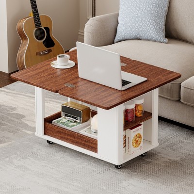 Foldable-top coffee table with wheels in living room, laptop and shelves visible