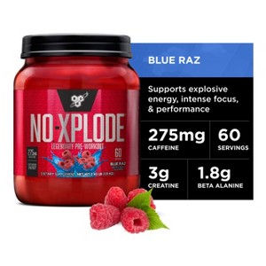 BSN N.O.-XPLODE Pre Workout Powder, Energy Supplement for Men and Women with Creatine and Beta-Alanine, Flavor: Blue Raz, 60 Servings - 1 of 4