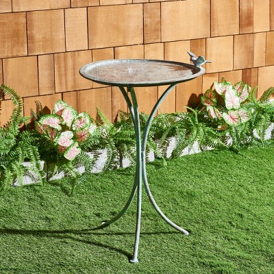 Kensi Antique Green Metal Outdoor Bird Bath with Sculptural Bird Ornament