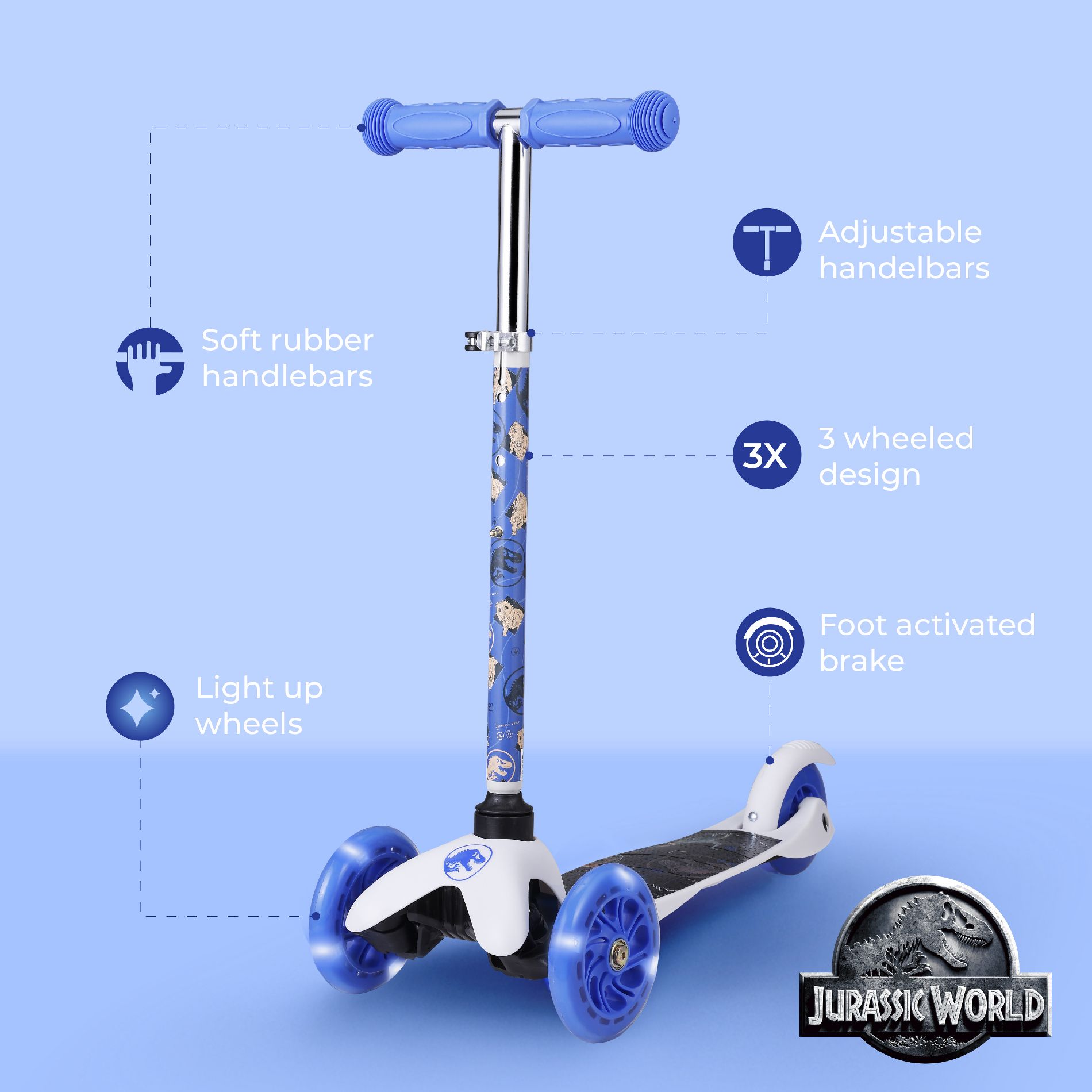 Jurassic World 3-Wheel Tilt & Turn Scooter with Light-Up Wheels – Wide and Sturdy Deck