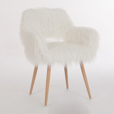 Vynxaria White Faux Fur Accent Chairs - Upholstered Dining and Makeup Chair with Beech Metal Legs