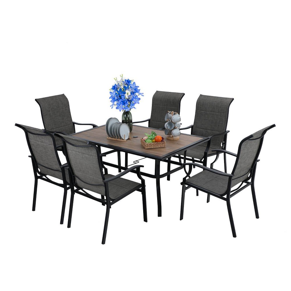 7pc Patio Dining Set with Faux Wood Steel Table with Umbrella Hole & Sling Arm Chairs Captiva Designs