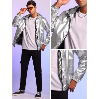 Lars Amadeus Men's Long Sleeves Shiny Party Metallic Hoodie Windbreakers Silver Medium — фото 5