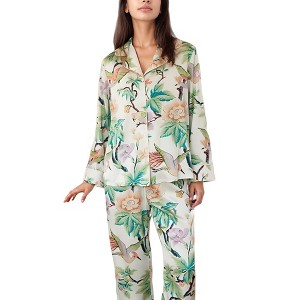 Anna-Kaci Lounge Women's Bird and Floral Print Pajama Set with Button Down Long Sleeve Top and Relaxed Fit Woven Pants - 1 of 4