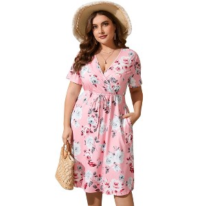 Clearlove Womens Plus Size Casual Midi Dresses Short Sleeve V Neck Drawstring Knee Length Split Dress - 1 of 4