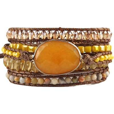 Women's Wrap Bracelet with Natural Jasper Crystal Stone Beads, Bohemian Leather Strand Bracelet
