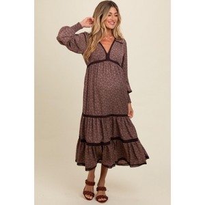 Pinkblush Brown Floral Lace Trim Bubble Sleeve Maternity Maxi Dress - 1 of 4