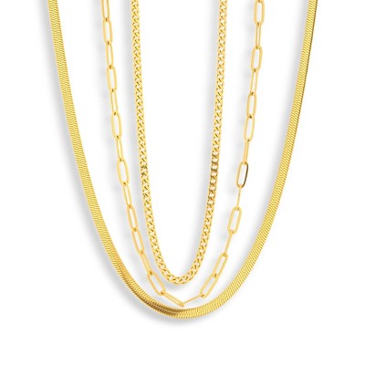 EVRY JEWELS WATERPROOF Gold or Silver Plated Stainless Steel Triple Layer Chain Necklace Set