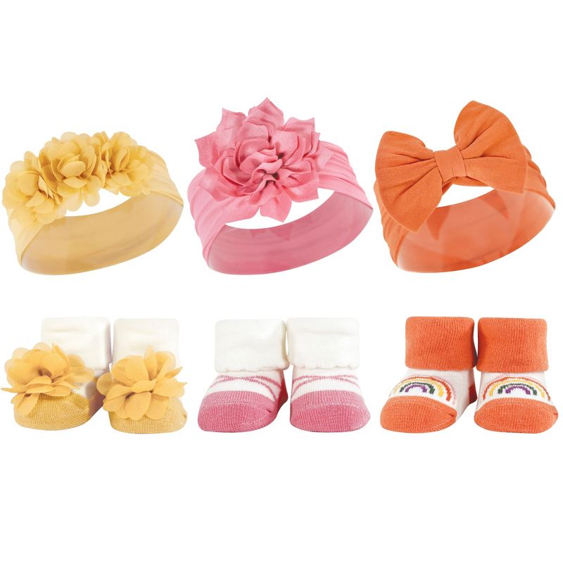 Hudson Baby Infant Girl 12Pc Headband and Socks Giftset, Burgundy Orange Yellow Orange, One Size, 3 of 4