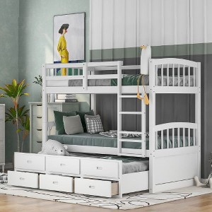 Kumasinova Twin-Over-Twin Bunk Bed with Trundle & 3 Drawers – Solid Wood Bed Frame, Convertible (Splits to 2 Beds), Arched Headboard/Footboard - 1 of 4
